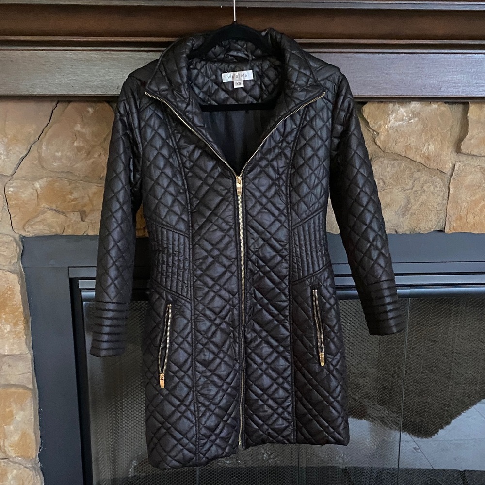 Via Spiga Black Quilted Puffer Jacket with Gold Accents